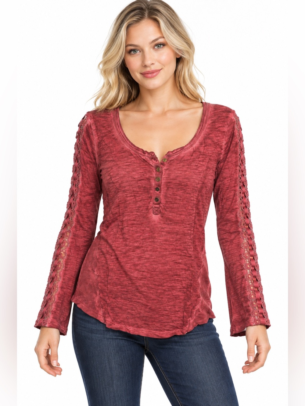 Free People Size Large Long-Sleeve Lace-Trim Henley Top in Wine